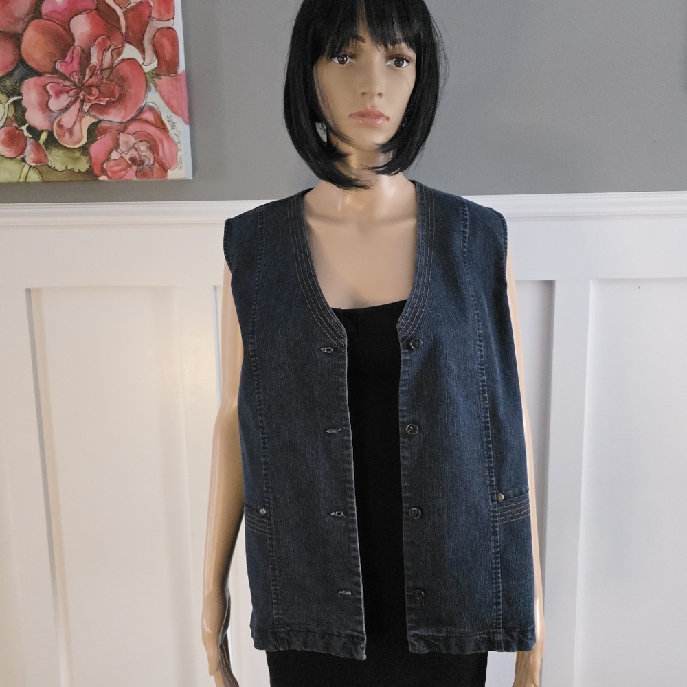Tellement Vous Dark Wash Denim Vest – Chic Vintage Aesthetic,size L - Picture 9 of 16